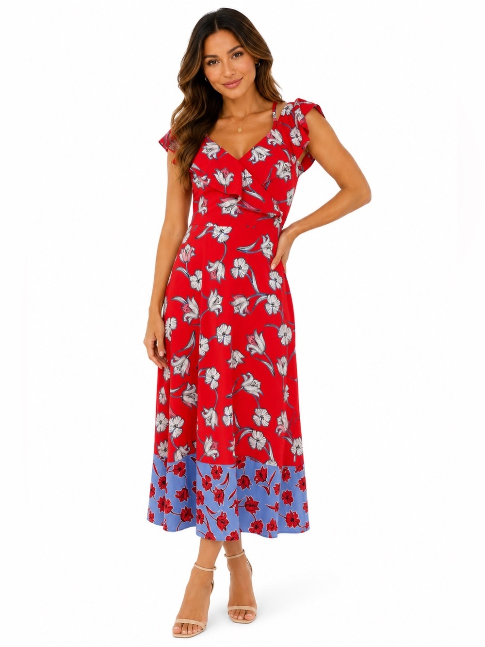 💛 2 for $20- London Times Red Floral Ruffle Midi Dress Size